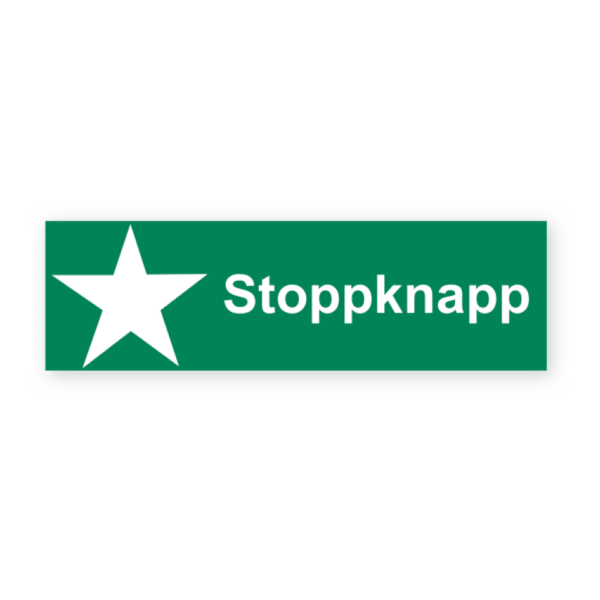 Skylten - Stoppknapp. Stoppknapp indikeras med en 100x30 mm sj&auml;lvh&auml;ftande dekal, designad f&ouml;r att klart markera var stoppknappen finns i en kompakt och effektiv form.