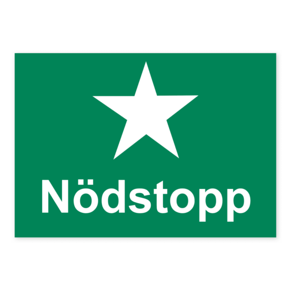 Skylten - N&ouml;dstopp. N&ouml;dstopp visas med en 210x148 mm sj&auml;lvh&auml;ftande dekal, som snabbt dirigerar personal och bes&ouml;kare till n&ouml;dstoppets plats.