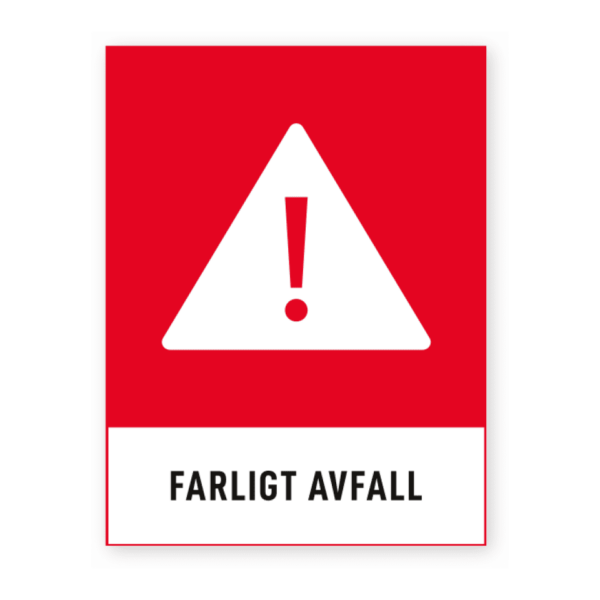 Skylten - Farligt avfall. Denna avfallshantering skylten &auml;r en sj&auml;lvh&auml;ftande dekal som ger en effektiv och proffsig l&ouml;sning f&ouml;r att hantera farligt avfall. Du kan anpassa dekalens design i v&aring;rt verktyg f&ouml;r att matcha f&ouml;retagets branding. Ifall du &ouml;nskar en f&auml;rdig l&ouml;sning s&aring; finns den &auml;ven framtagen i flera standard m&aring;tt.