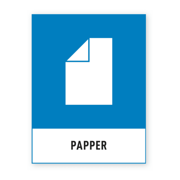 Skylten - Papper. K&auml;llsorteringsskylt f&ouml;r papper som f&ouml;ljer svenskstandard. Denna sj&auml;lvh&auml;ftande dekal indikerar var pappersavfall b&ouml;r samlas.