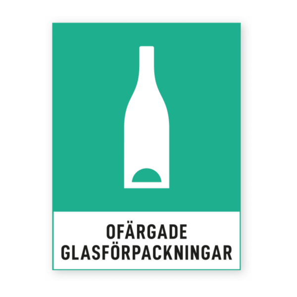 Skylten - Of&auml;rgade glasf&ouml;rpackningar. Denna 'Of&auml;rgade glasf&ouml;rpackningar'-dekal f&ouml;r k&auml;llsortering eller &aring;tervinning p&aring; bidrar till effektiv sortering. Den sj&auml;lvh&auml;ftande ytan g&ouml;r appliceringen enkel. &Auml;ndra designen i v&aring;rt onlineverktyg.