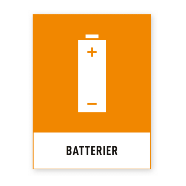 Skylten - Batterier. Batteri&aring;tervinnings-skylt f&ouml;r k&auml;llsortering eller &aring;tervinning. Fr&auml;mjar en h&aring;llbar arbetsmilj&ouml; och framtagen enligt svenskstandard.