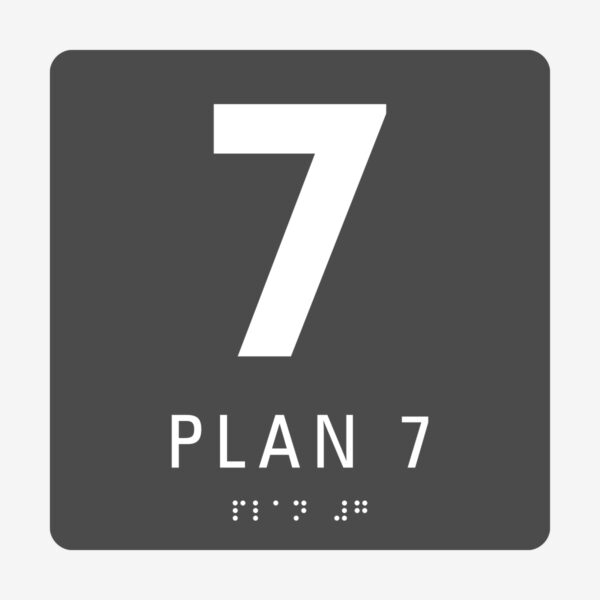 Plan 7, gr&aring; med vit text