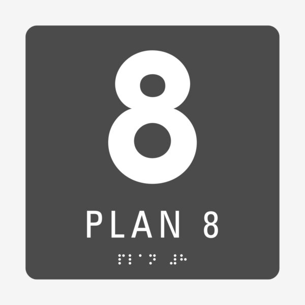 Plan 8, gr&aring; med vit text