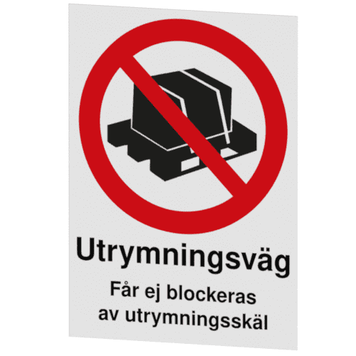 Utrymningsv&auml;g f&aring;r ej blockeras-skylten har storleken 210x297mm och tillverkas i materialet Aluminium 0,7mm. Denna standardskylt kan anpassas s&aring; att du kan skapa din egen version av skylten.