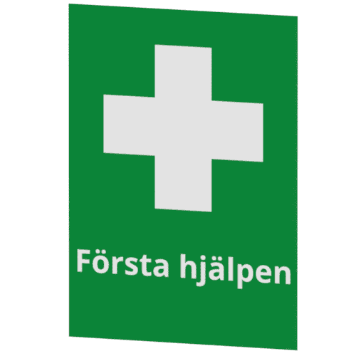 F&ouml;rsta hj&auml;lpen-skylten har storleken 148x210mm och tillverkas i materialet Sj&auml;lvh&auml;ftande dekal. Denna standardskylt kan anpassas s&aring; att du kan skapa din egen version av skylten.