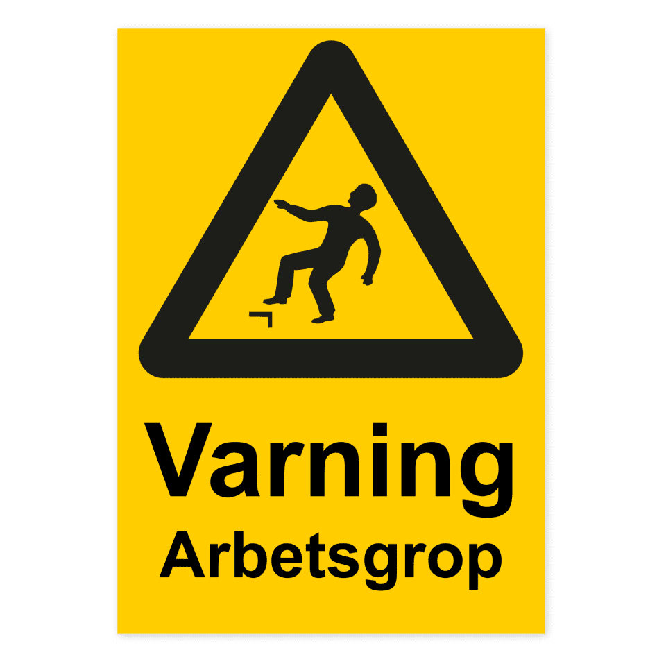 Varning för arbetsgrop-skylten har storleken 210x297mm och tillverkas i materialet Aluminium 0.7mm. Denna standardskylt kan anpassas så att du kan skapa din egen version av skylten.