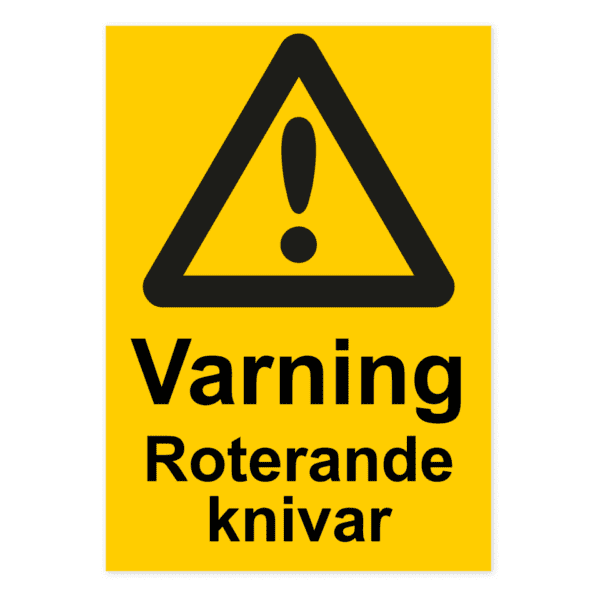 Varning för roterande knivar-skylten har storleken 210x297mm och tillverkas i materialet Aluminium 0.7mm. Denna standardskylt kan anpassas så att du kan skapa din egen version av skylten.