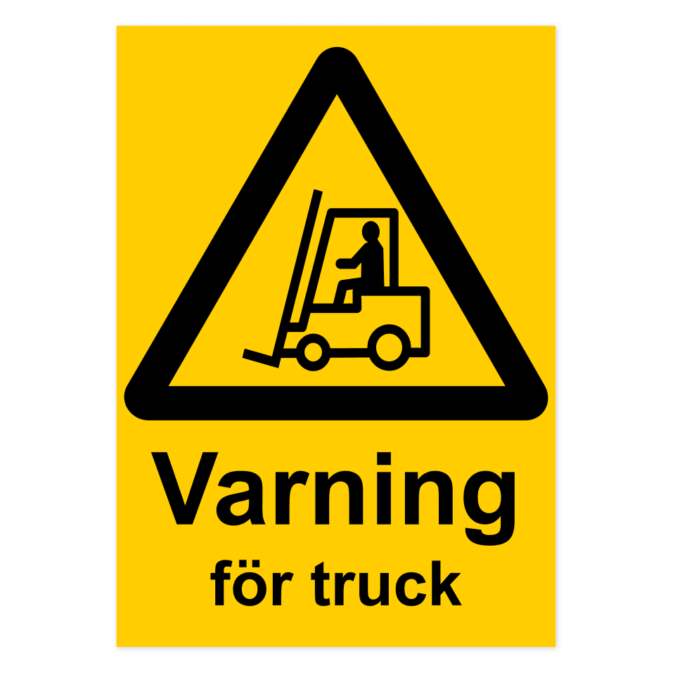 Varning för truck-skylten har storleken 297x420mm och tillverkas i materialet Aluminium 2mm Plan. Denna standardskylt kan anpassas så att du kan skapa din egen version av skylten.