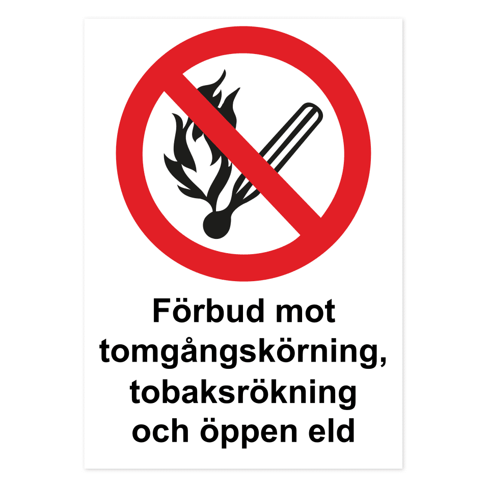 Förbud mot tomgångskörning, tobaksrökning och öppen eld-skylten har storleken 297x420mm och tillverkas i materialet Aluminium 0.7mm. Denna standardskylt kan anpassas så att du kan skapa din egen version av skylten.