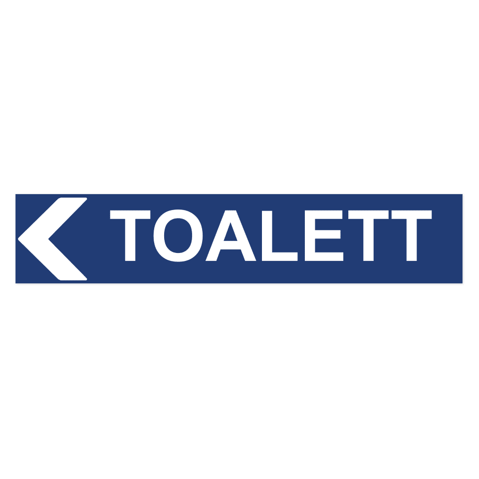 Toalett pil vänster-skylten har storleken 750x150mm och tillverkas i materialet Aluminium 0.7mm. Denna standardskylt kan anpassas så att du kan skapa din egen version av skylten.
