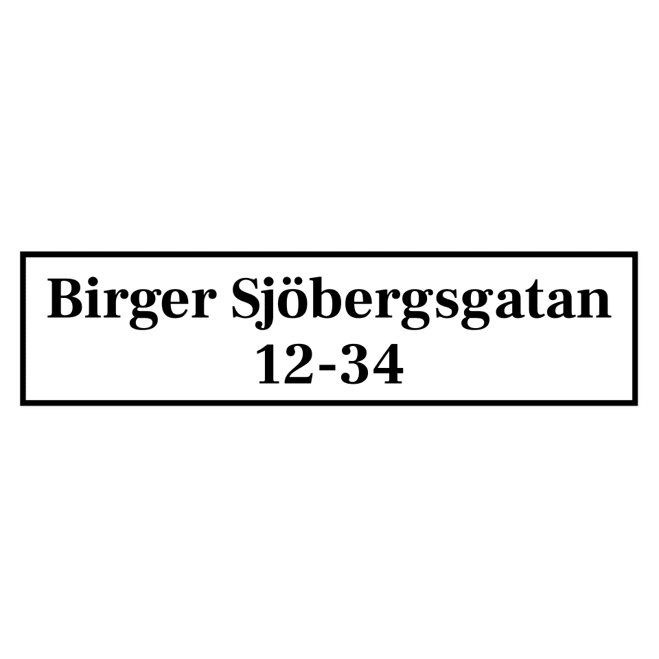 Gatunamnskyltar enkelsidig 2 rader text för fasad-skylten har storleken 1000x250mm och tillverkas i materialet Aluminium 2mm. Denna standardskylt kan anpassas så att du kan skapa din egen version av skylten.