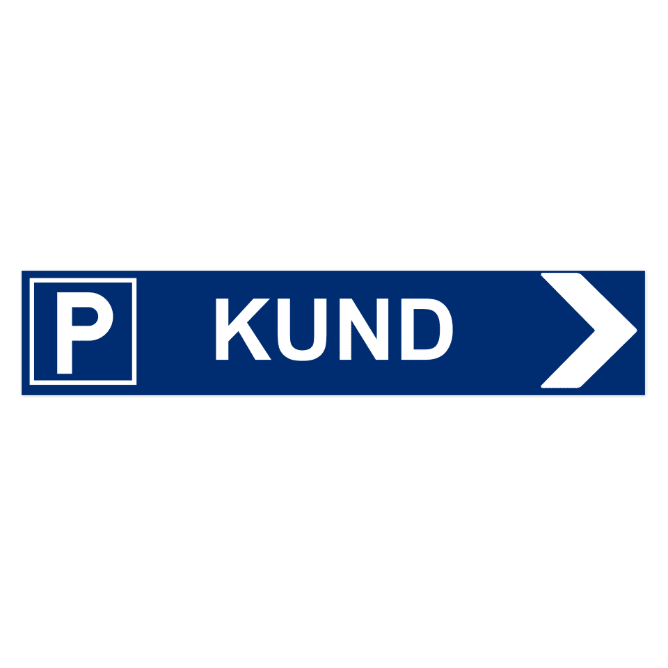 Kundparkering pil höger-skylten har storleken 750x150mm och tillverkas i materialet aluminium 07mm. Denna standardskylt kan anpassas så att du kan skapa din egen version av skylten.
